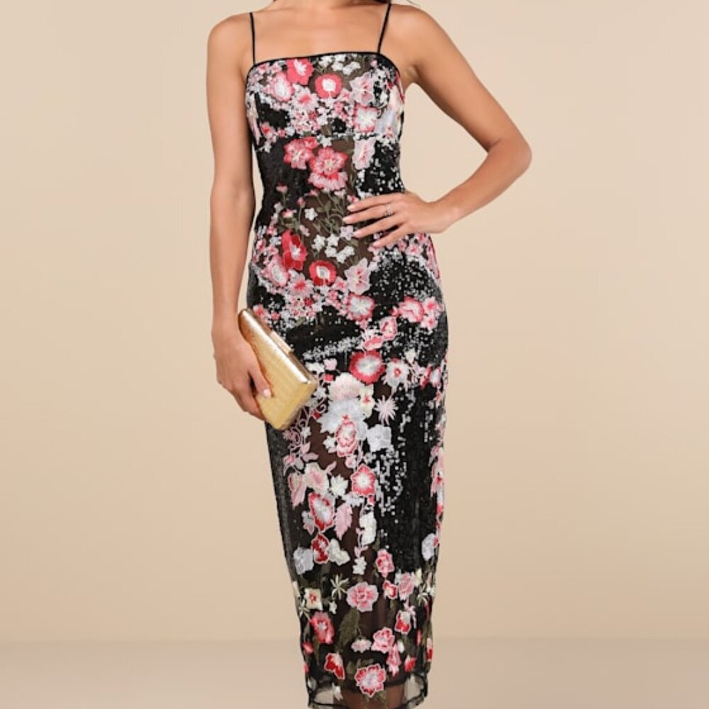 NWT-Lulus Stunning Impact Black Sheer Embroidered Floral Sequin Midi Dress - M